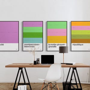 Prints all station metro Parijs / Minimale poster / Muurkunst in metrostijl / Canvas woondecoratie / Zwart ingelijst reiscadeau / Kaart treinbord