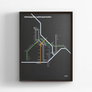 Minneapolis–St. Paul Metro, carte en mode sombre, impression d'affiche minimale, décoration d'intérieur en toile, cadeau de voyage encadré, art mural style métro, enseigne de transport en commun