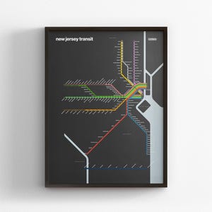 Tránsito de Nueva Jersey, Mapa en modo oscuro, Impresión minimalista de póster, Decoración en lienzo para el hogar, Regalo de viaje enmarcado, Arte mural estilo metro, Letrero de metro