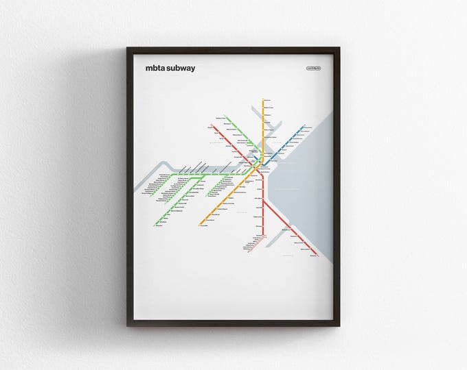 Boston T Rail Map Light Mode / MBTA / Minimal Poster Print / Subway Style Wall Art / Canvas Home Decor / Black Frame Travel Gift / Rail Sign