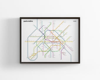 Paris Metro Karte / Lichtmodus / Minimal Poster Druck / U-Bahn Stil Wand Kunst / Leinwand Wohnkultur / Schwarzer Rahmen Reisegeschenk / Frankreich Schiene Zeichen