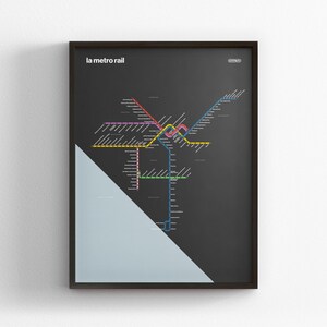 LA Metro Rail, kaart donkere modus, minimale posterprint, decor canvas, ingelijst reiscadeau, muurkunst in stijl van metro, bord Metro Transit