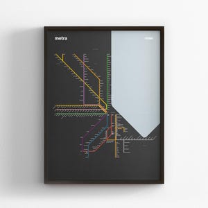 Tren Metra, Mapa en modo oscuro, Impresión minimalista de póster, Decoración en lienzo para el hogar, Regalo de viaje enmarcado, Arte mural estilo metro, Señal de tránsito del tren Metro