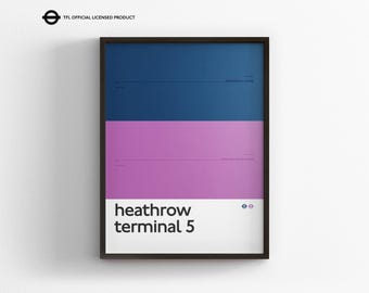 Heathrow Terminal 5 Station / London Underground / Tube Map Minimal Poster Print / Subway Style Wall Art / Canvas Home Decor / Framed Gift