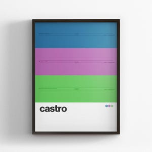 May include: A framed vertical poster featuring three horizontal color blocks in blue, purple, and green. The white bottom section displays the word castro in bold black lowercase letters, accompanied by three small circular icons in blue, purple, and green.