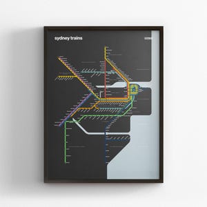 Sydney Trains, Dark Mode Map, Minimal Poster Print, Canvas Home Decor, Framed Travel Gift, Subway Style Wall Art, Metro Rail Transit Sign
