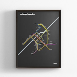 Brüssel U-Bahn, Dark Mode Karte, Minimal Poster, Leinwand Dekor, gerahmt Reisegeschenk, U-Bahn Stil Wandkunst, Metro Transfer Schild