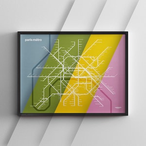 Paris Metro Karte Farbmodus / weiße Linien / Minimal Poster / U-Bahn Stil Wand Kunst / Leinwand Dekor / Schwarzer Rahmen Reise Geschenk Schild