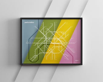 Paris Metro Karte Farbmodus / weiße Linien / Minimal Poster / U-Bahn Stil Wand Kunst / Leinwand Dekor / Schwarzer Rahmen Reise Geschenk Schild