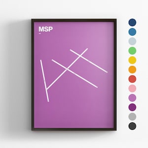 Może przedstawiać: Oprawiony wydruk artystyczny z fioletowym tłem i białymi geometrycznymi liniami. Litery "MSP" znajdują się w lewym górnym rogu. Paleta kolorów w różnych kolorach znajduje się po prawej stronie. Rama jest czarna.