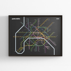 Paris Métro Map Dark Mode / France / Minimal Poster Print / Subway Style Wall Art / Canvas Home Decor / Framed Travel Gift