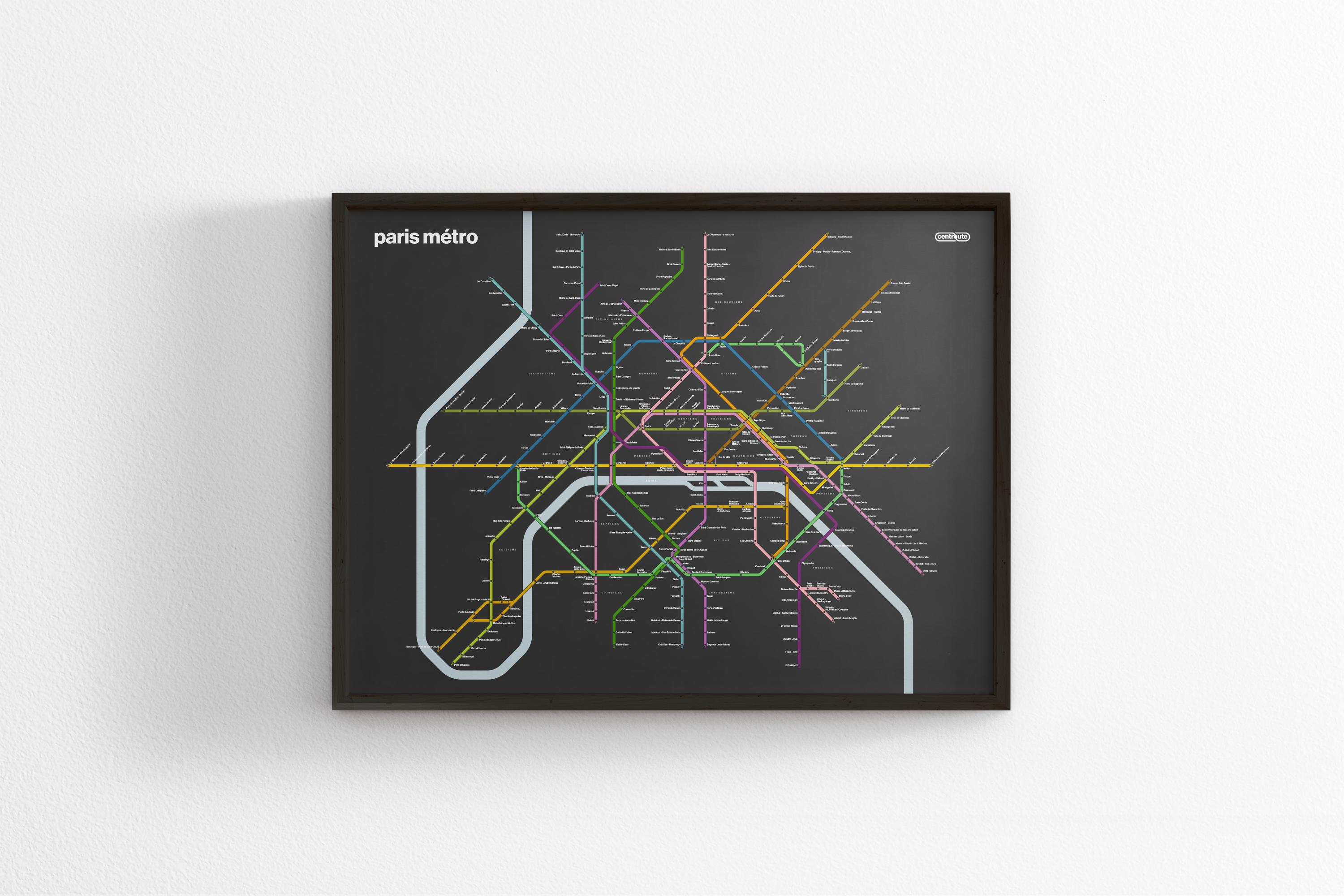Paris Métro Map Dark Mode / Frankreich / Minimal Poster / U-Bahn Stil Wand Kunst / Leinwand Dekor / Geschenk Eingerahmt