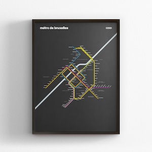 Brussels Metro, Dark Mode Map, Minimal Poster Print, Canvas Home Decor, Framed Travel Gift, Subway Style Wall Art, Metro Transit Sign