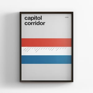 Capitol Corridor Map, Retro Amtrak, Minimal Poster Print, Canvas Home Decor, Framed Travel Gift, Subway Style Wall Art, Metro Rail Sign