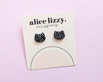 Black Cat-shaped Polka Dot Stud Earrings | Elegant & Everyday | Minimalist | Polymer Clay / Polyclay | Made in the UK