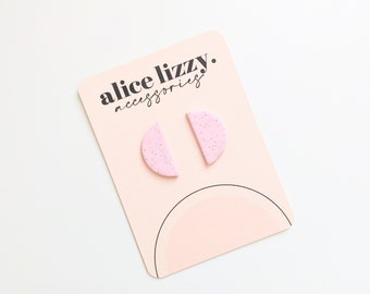 Pink Specked Semi Circle Stud Earrings | Elegant & Everyday | Minimalist | Polymer Clay / Polyclay | Made in the UK