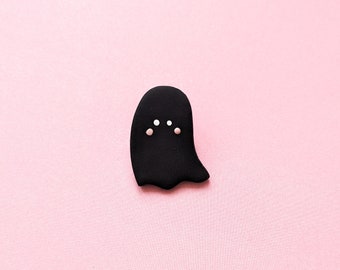 Cute Black Ghost Halloween Pin Badge | Elegant & Everyday | Minimalist | Polymer Clay / Polyclay | Made in the UK