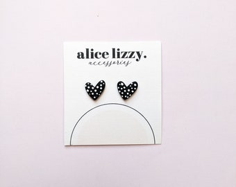 Black Heart-shaped Polka Dot Stud Earrings | Elegant & Everyday | Minimalist | Polymer Clay / Polyclay | Made in the UK