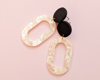 Black Circular Drop Earrings with Abstract White Charm | Elegant & Everyday | Minimalist | Polymer Clay / Polyclay | Made in the UK