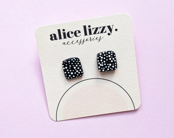 Black Square shaped Polka Dot Stud Earrings | Elegant & Everyday | Minimalist | Polymer Clay / Polyclay | Made in the UK