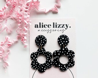 Black Polka Dot Drop Earrings with Flower Hoop | Elegant & Everyday | Minimalist | Polymer Clay / Polyclay | Made in the UK