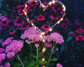 Hand forged heart garden stake with solar lights