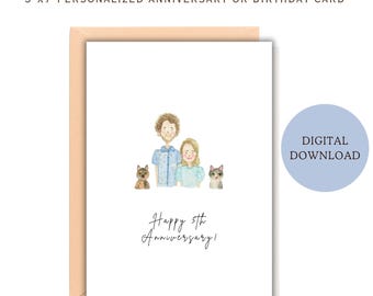 Custom Portrait Watercolor Digital Download| Minimal Personalized Illustration Card| Family Portrait Cartoon Card| Custom Anniversary Card