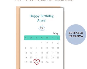 Personalized May Birthday Card Calendar 4x6 Editable in Canva, Custom Name & Date May Birthday Card for Him or Her Digital Download