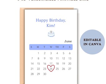 Custom Date Anniversary Card, Personalised Calendar Birthday Card Editable in Canva, Custom Name & date June Birthday Card Digital Download