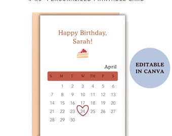 Personalized April Birthday Card Calendar 4x6 Editable in Canva, Custom Name & date April Birthday Card for Him or Her Digital Download