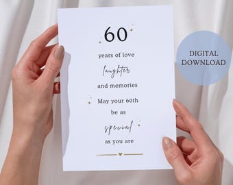 Printable Happy 60th Birthday Card, Sweet 60th Birthday Card PDF, Instant Download Greeting Card, Simple Elegant Milestone Birthday Card