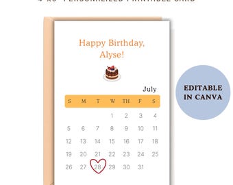 Personalized July Birthday Card Calendar 4x6 Editable in Canva, Custom Name & date July Birthday Card for Him or Her Digital Download