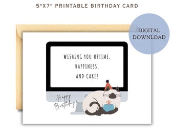 Nerd Birthday Card for Tech Coworker Printable, IT Tech Support Card Instant Download, Tech Support and Cat Lover Birthday Card