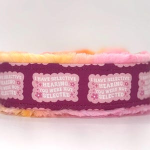 May include: A dog collar with a purple band featuring the text "I HAVE SELECTIVE HEARING YOU WERE NOT SELECTED" in white. The collar has a fluffy, multi-colored trim in shades of pink, orange, and yellow.