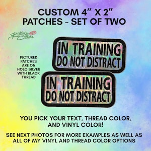 May include: A set of two rectangular 4 inch by 2 inch patches with a holographic silver background and black embroidered text that reads IN TRAINING DO NOT DISTRACT. The patches feature a thick black border and are displayed against a colorful background.