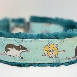 May include: A teal pet collar with a light blue fabric featuring cartoon rats and stars. The collar has a soft, teal faux fur lining. The rats are in various poses, with colors of brown, white, and yellow.
