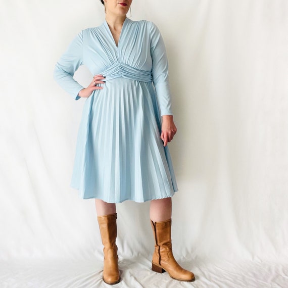 Vintage 1970s Light Blue Long Sleeve Aline Dress … - image 3