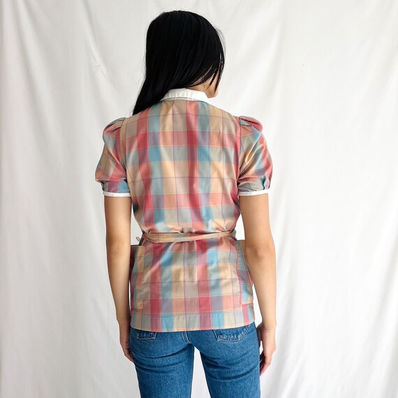 Vintage 1970s Plaid Puff Sleeve Button Up Top Siz… - image 5