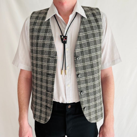 Vintage 1980s Gray Plaid Button Up Vest Size Medi… - image 1