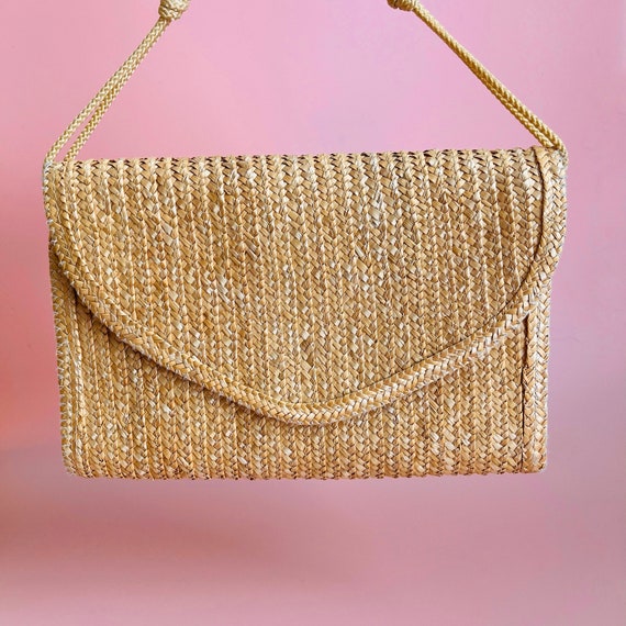 Vintage 1970s Tan Boho Straw Envelope Crossbody Ba