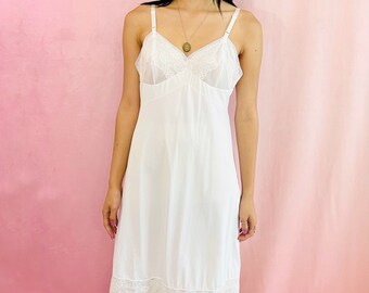 Vintage White Lace Mesh Semi-Sheer Slip Dress Size Small