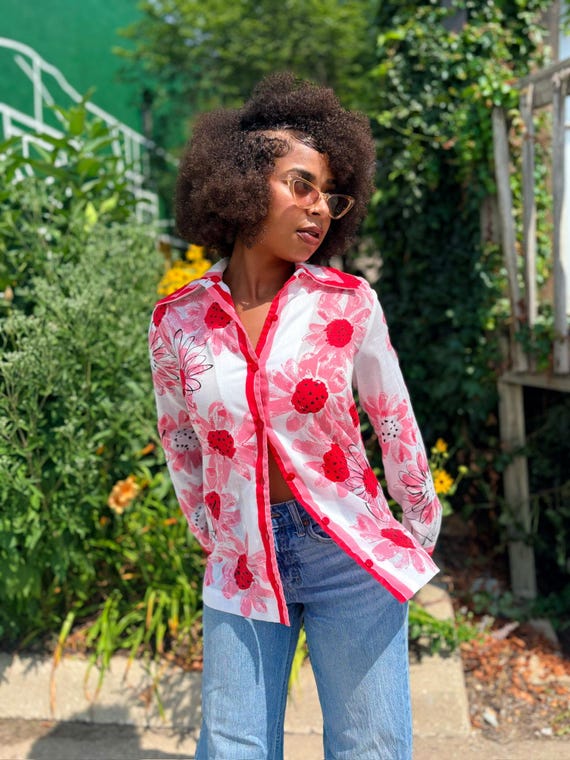 Vintage 1970s Vera Neumann Pink Floral Shirt, Size Large
