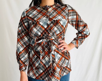 Vintage 1970s Orange/Brown Plaid Long Sleeve Button Up Tunic Top Size Medium