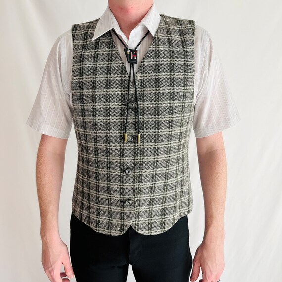 Vintage 1980s Gray Plaid Button Up Vest Size Medi… - image 3