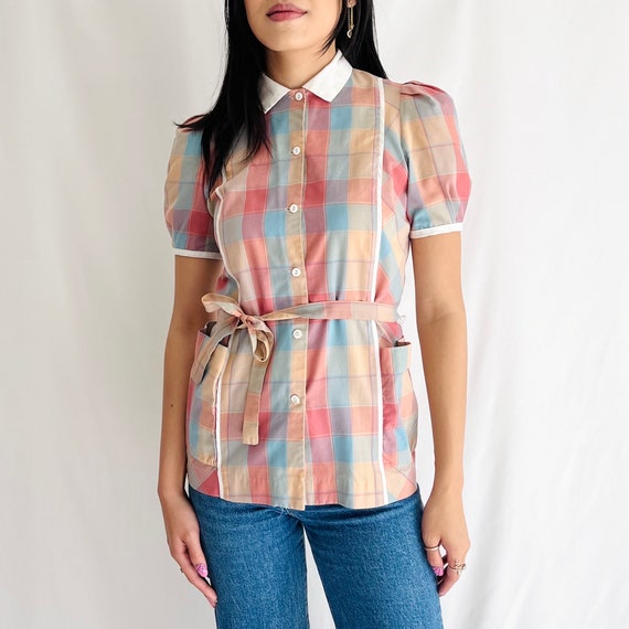Vintage 1970s Plaid Puff Sleeve Button Up Top Siz… - image 1