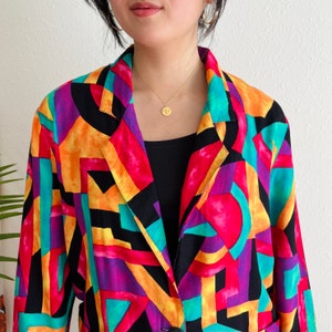 Vintage 1980s Colorful Geometric Printed Lightweight Denim Jacket Size Medium/Large image 2