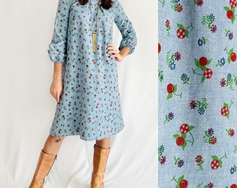 Vintage 1960s Blue Floral Cherry Print Balloon Sleeve Aline Dress