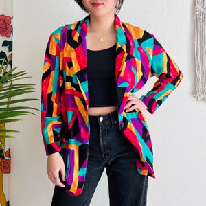 Vintage 1980s Colorful Geometric Printed Lightweight Denim Jacket Size Medium/Large image 1