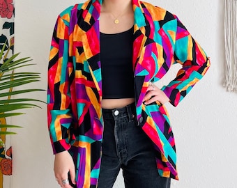 Vintage 1980s Colorful Geometric Printed Lightweight Denim Jacket Size Medium/Large