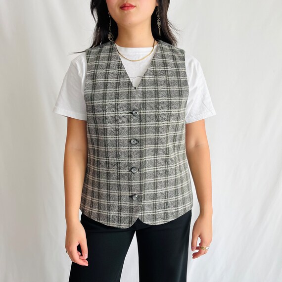 Vintage 1980s Gray Plaid Button Up Vest Size Medi… - image 7